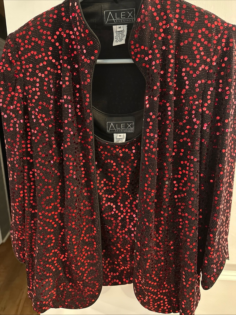 Alex Evenings Black Jacket, matching tank with Red Sequin Overlay
